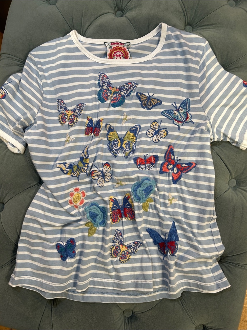 Johnny Was LA stripe Embr. Butterfly Tee